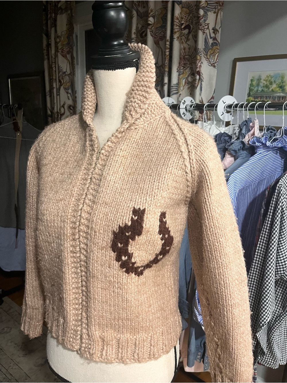 Women's hand Knit Zip Sweater with horse and horseshoe
